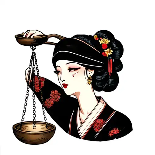 A Blindfolded Woman With Stitched Lips Holding Up An Old Weight Balance