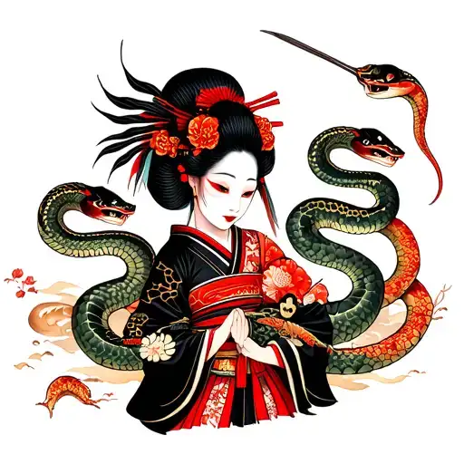 Geisha With Mask And Samurai Fighting Snakes Wrapped