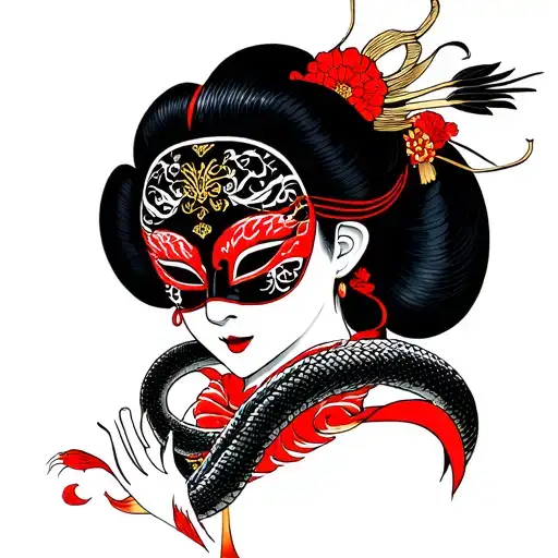 Geisha With Mask And Samurai Fighting Snakes As A