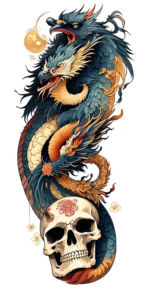 Chinese Dragon And Phoenix And Skull And Moon And Raven