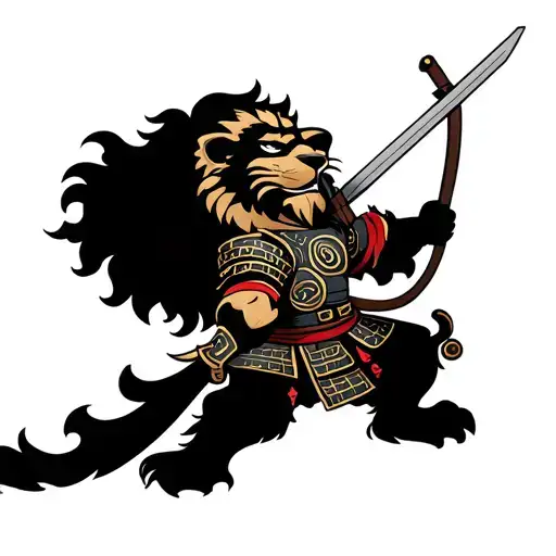 Lion Wearing Samurai Armor Holding Sword