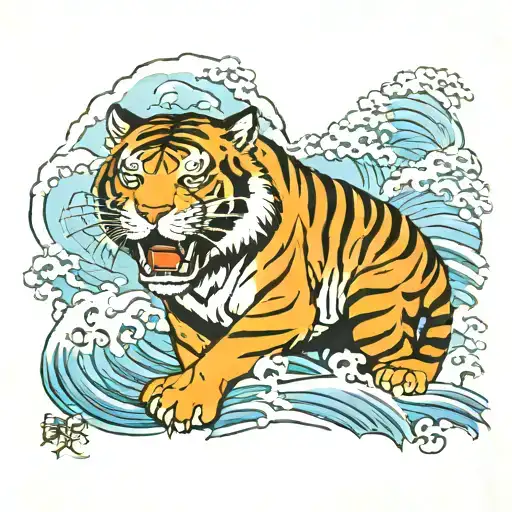 Asian Tiger And Waves Crashing In The Background