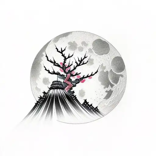 Cherry Blossom Tree Japanese Full Moon Wolf