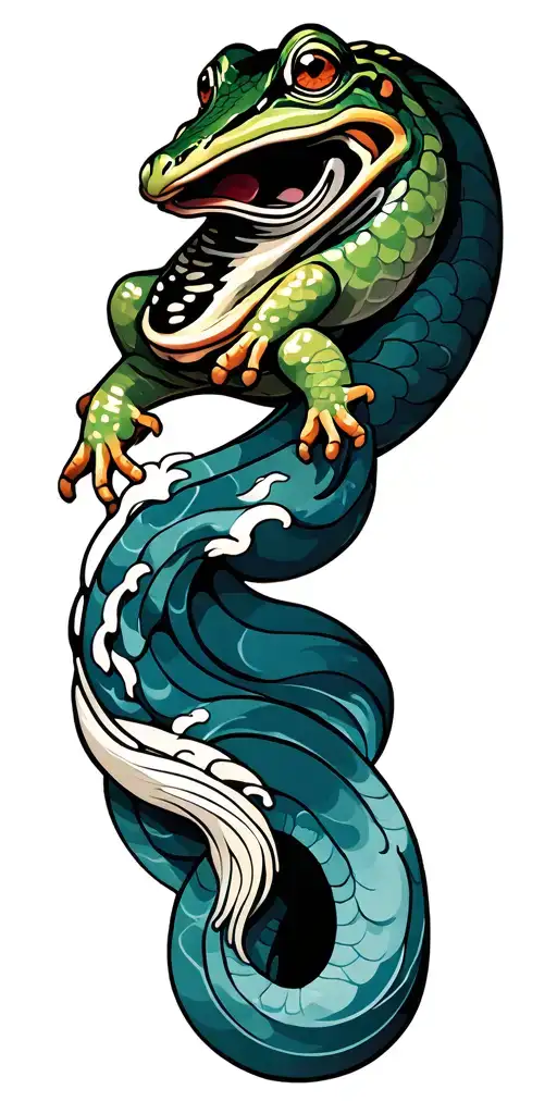 Japanese White Snake And Frog With Japanese Wave Style Tatto