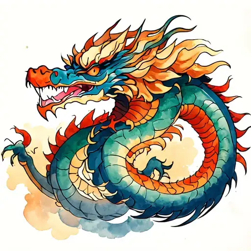 The Japanese Dragon Is Long With A Woolen Mane Looks To The Left Around The Watercolor Smelter