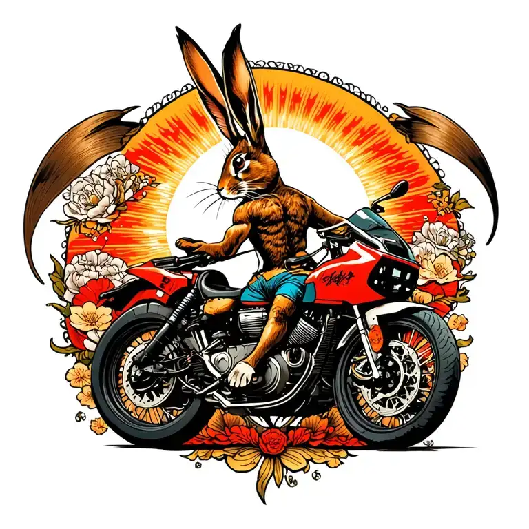 Full Back Tattoo With A Concept Of A Combined Sagittarius And Badass Rabbit Riding A Motorcycle