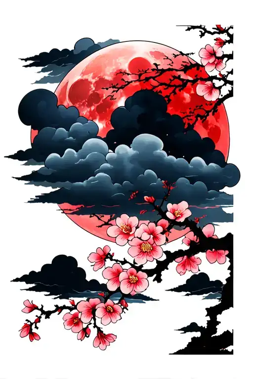Sakuras Branch And Blood Moon With Cloud Background