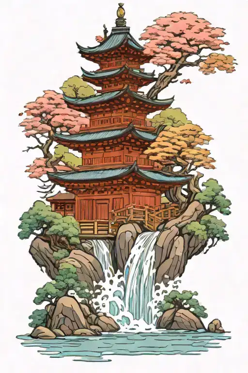 Japanese Temple With A Waterfall Flowing