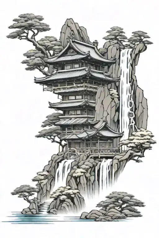 High Resolution Japanese Temple With Waterfall Flowing