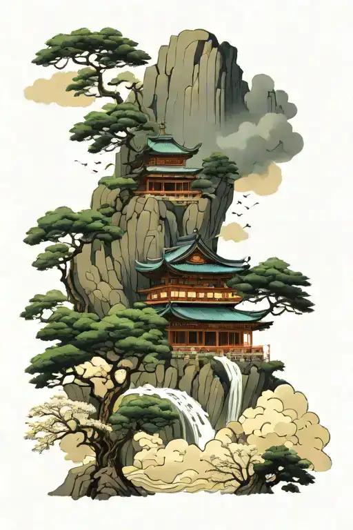 High Resolution Japanese Temple Standing On Clouds With Waterfall Flowing