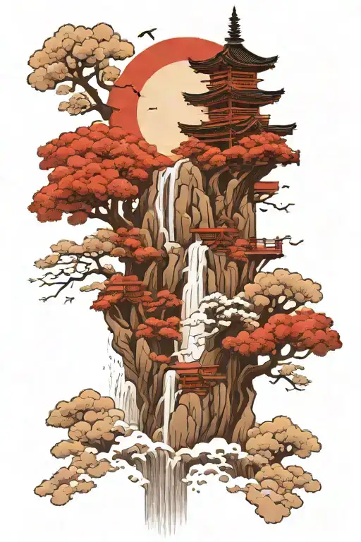 High Resolution Japanese Temple Standing On Clouds With Waterfall Flowing
