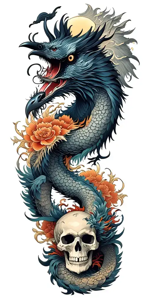Chinese Dragon And Phoenix And Skull And Moon And Raven