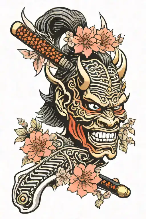 Japanese Oni Mask Katana With Cherry Blossoms