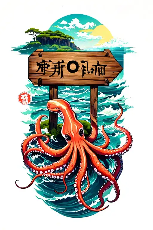 Ocean Scene With Giant Squid Small Island With Two Way Wooden Sign