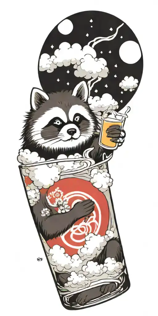 Good Fortune Tanuki Drinking Soju Sitting In The Clouds Wearing A Kasa