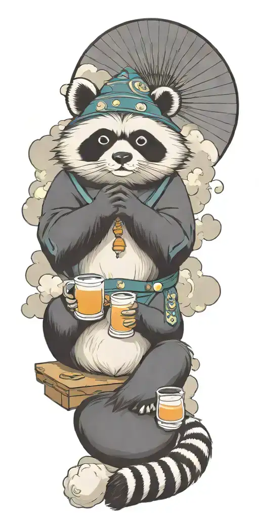 Good Fortune Tanuki Drinking Soju Sitting In The Clouds Wearing Asian Conical Hat