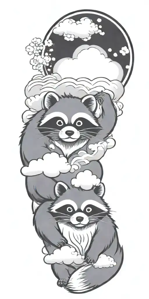 Tanuki Sitting In Clouds Drinking