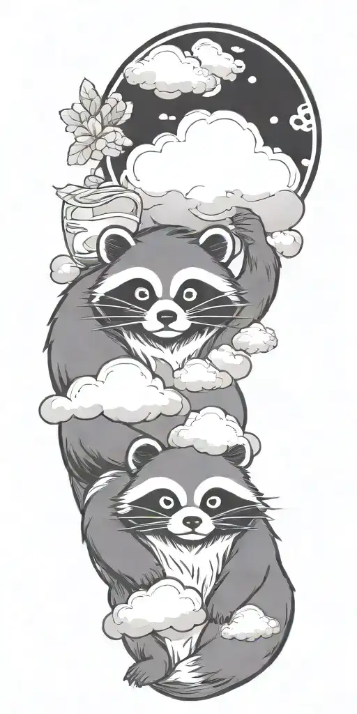Tanuki Sitting In Clouds Drinking