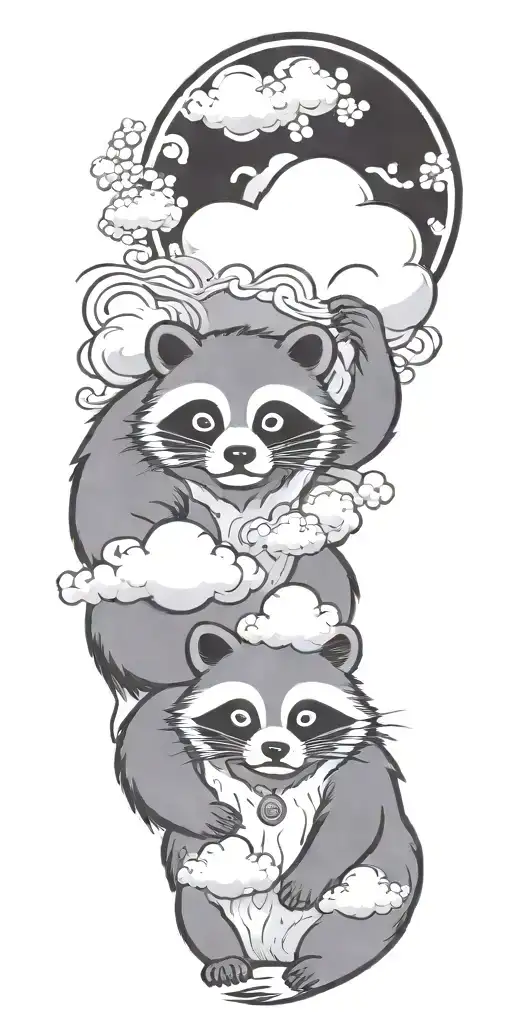 Tanuki Sitting In Clouds Drinking