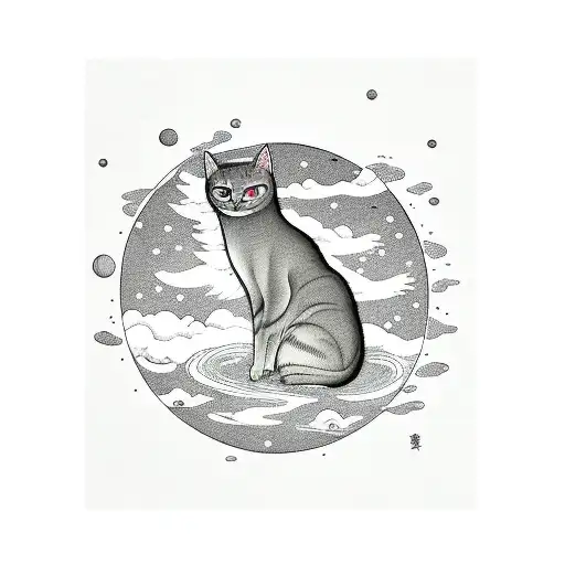 Gray Cat Walking On Water Looking At The Moon