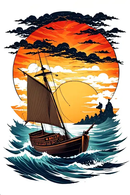 Shi Sailing Into Sunset