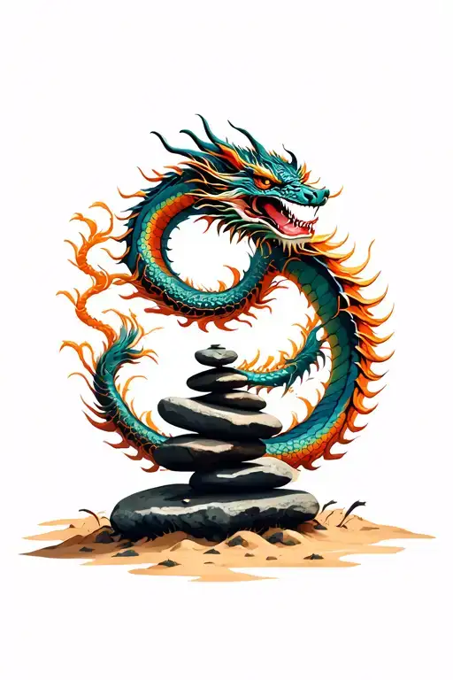 Balancing Rocks In A Sand Zen Garden With A Dragon Encircling