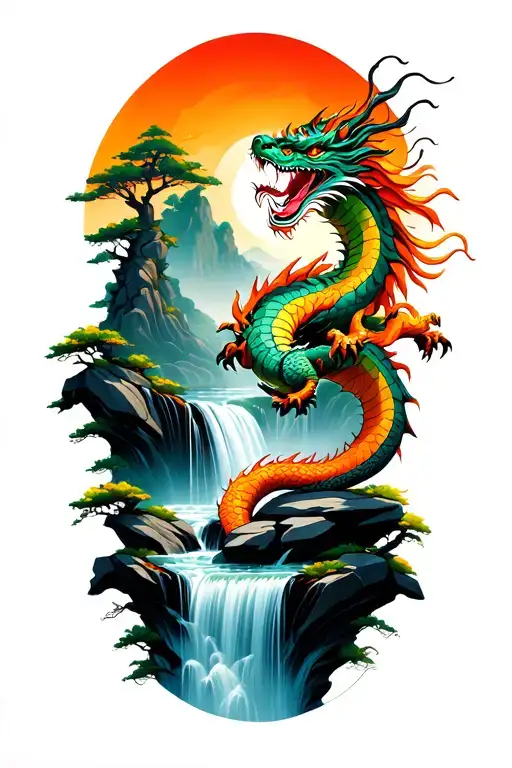 Balancing Rocks With A Dragon Encircling At The Base Of A Waterfall