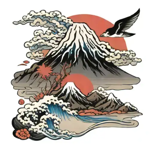 Mount Fuji And Red Sun