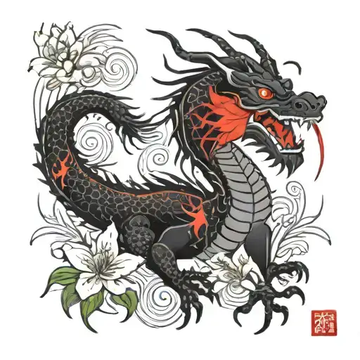 Black And Red Dragon With Red Spider Lily Flower