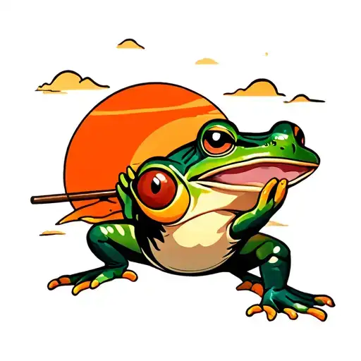 Cartoon Frog Holding Rising Sun Japanese