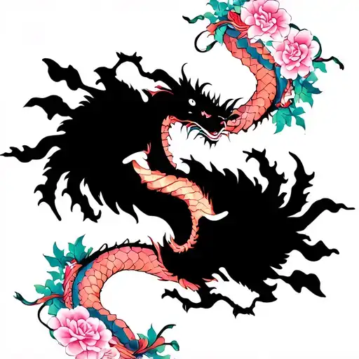 Dual Dragons One Chinese And One Japanese With Roseflowers Pink