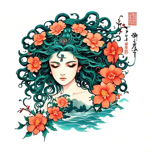 Medusa Sleeve With Flowers And Scenery On Forearm