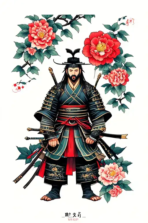 Samurai Surrounded By Japanese Roses Growing
