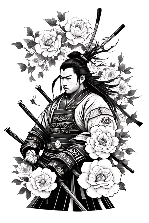 Samurai Surrounded By Japanese Roses In Black And White