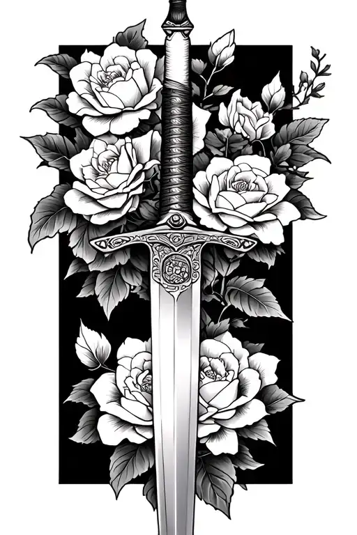 Samurai Sword Surrounded By Japanese Roses In Black And White