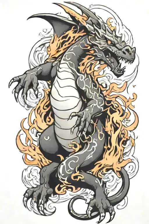 Charizard And Flames Back Tattoo Black And White