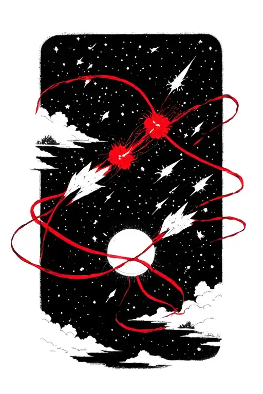 Red String Of Fate With Meteors Flying Past Without A Big Background