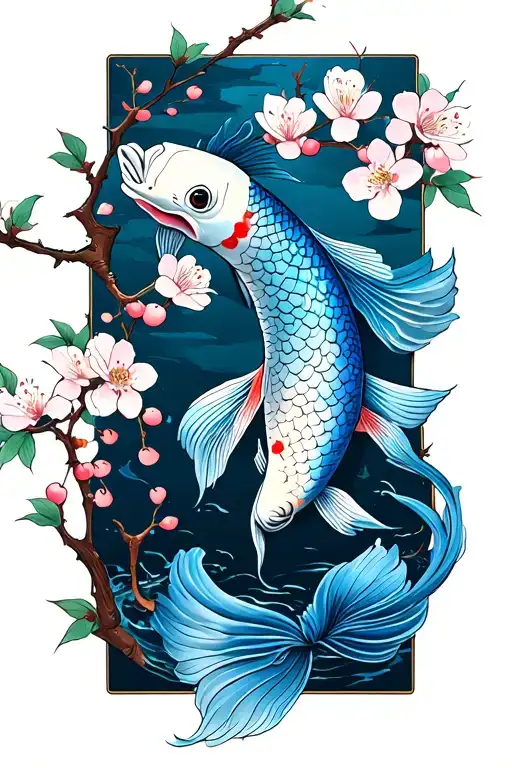 Blue Koi Fish With Cherry Blossoms Branch