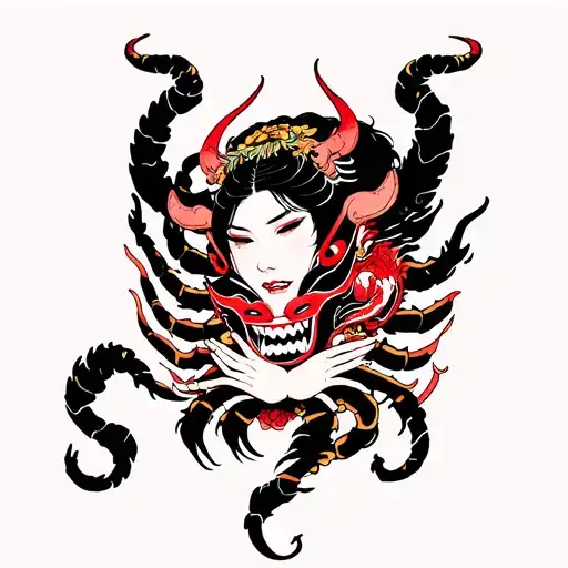 Scorpio Woman Holding Oni Mask Surrounded