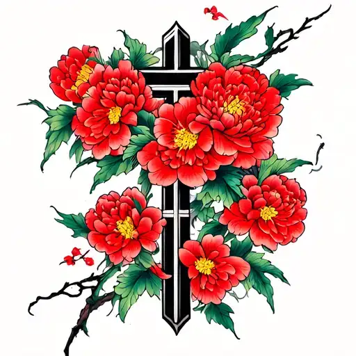 Cross With Interwoven Red Peony Flowers