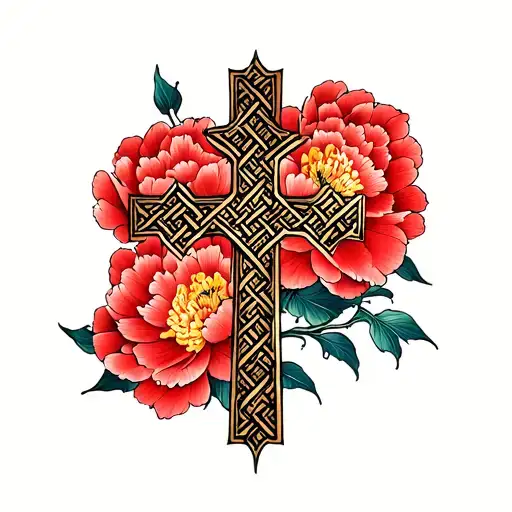 Cross With Interwoven Red Peony Flowers