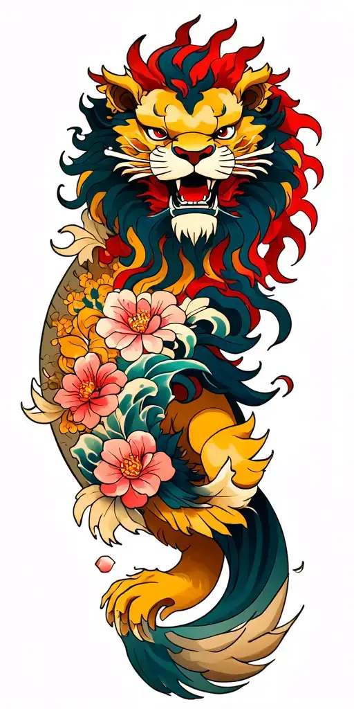 Lion Shishi On Shoulder On Arms Waves With Wind And Flowers Japanese Style