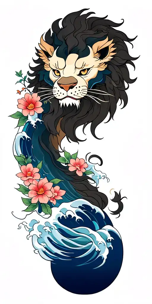 Lion Shishi On Shoulder On Arms Separate Waves With Wind And Flowers Japanese Style No Colors