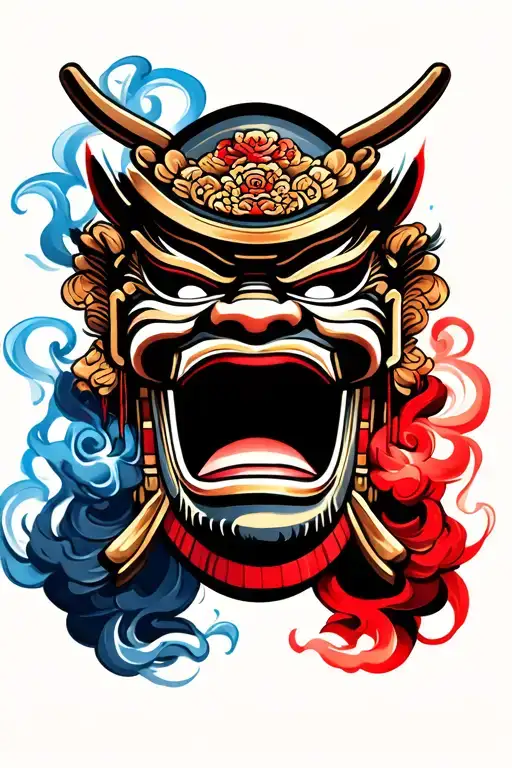 Traditional Japanese Shogun Mask With Smoke Coming Out Of The Mouth