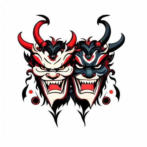 Two Oni Masks Angry And Smiling