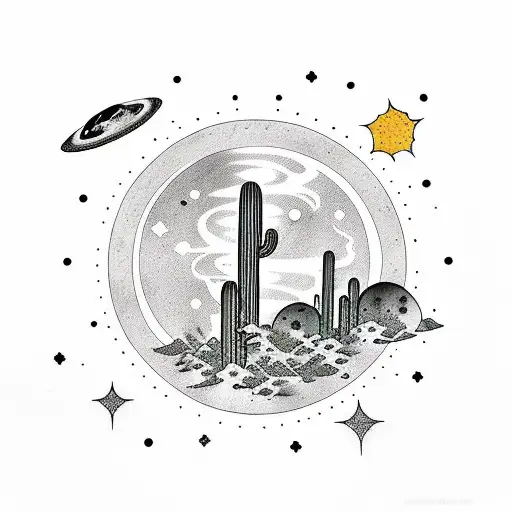 Cactus On The Moon In Space With Shooting Stars And