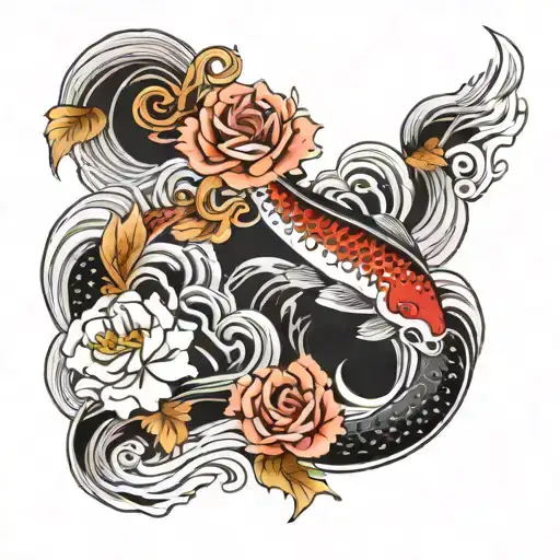 Black And White Of Waves Surrounding Roses And Koi Fishes
