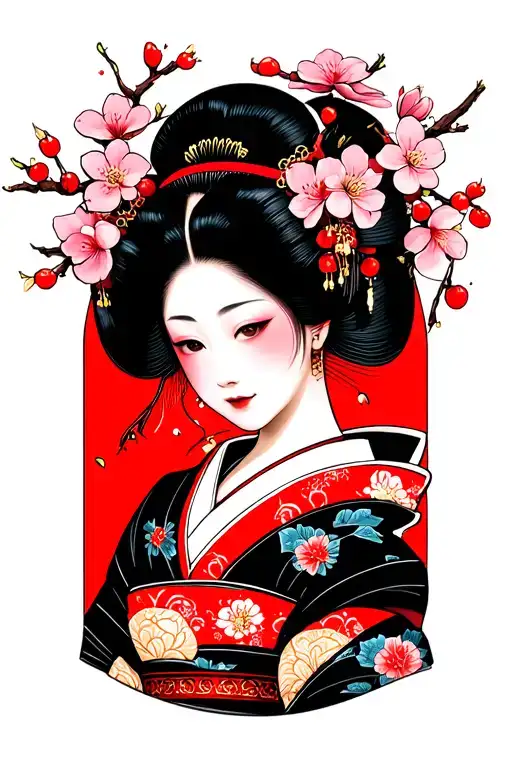 Geisha Girl With Cherry Blossoms