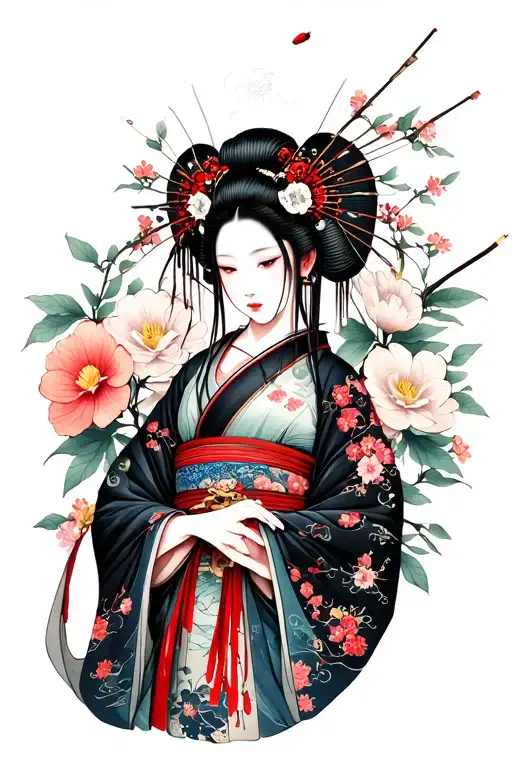 Yuki Onna Bugeisha Full Body With Flowers In The Background