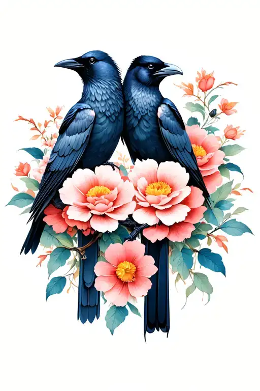Two Ravens Standing On Flowers
